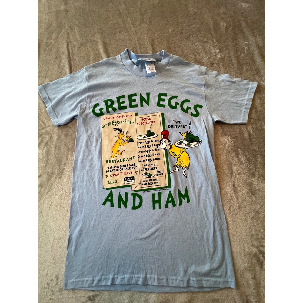 Dr. Seuss T-Shirt Mens Small Blue Green Eggs and Ham Restaurant Graphic Tee
